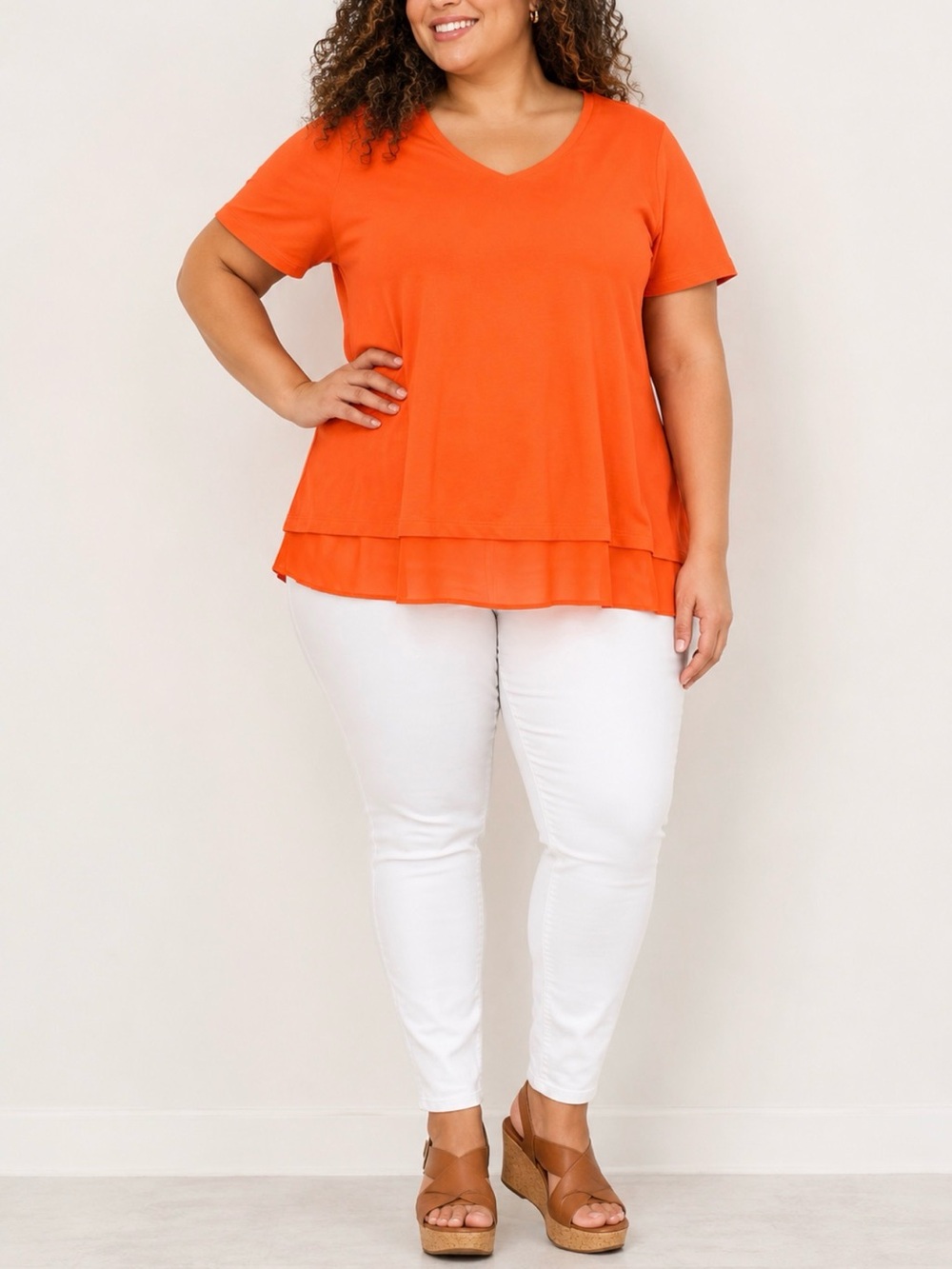 JM Collection Layered V-Neck Short Sleeve Top - Orange
